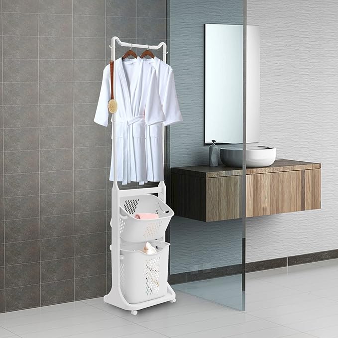 LYNICESHOP Rolling Laundry Basket Organizer, Laundry Hamper Basket Sorter Clothes Storage Laundry Sorter Cart Rolling Laundry Sorter 2 Tier Organizer Shelf with 2 Basket