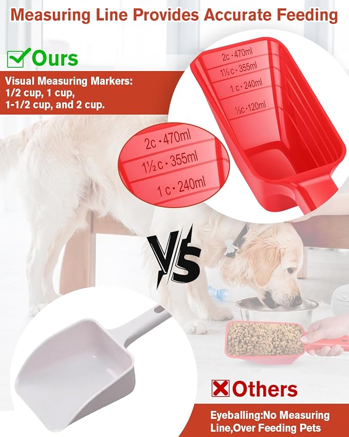 2 Cup Dog Food Scoop(2 Pack), Plastic Pet Food Scoop with Measuring Lines for Accurate Pet Food Portions,Dishwasher Safe (Red)