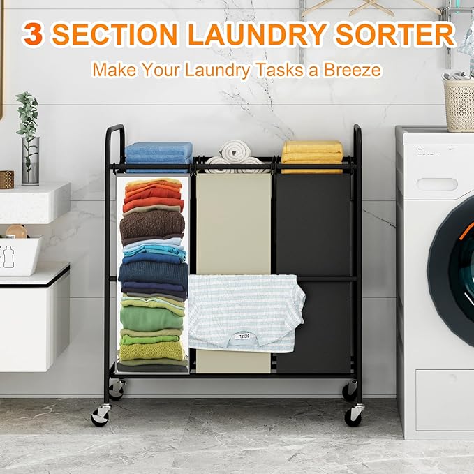 3 Section 3x40L Laundry Sorter Cart, Heavy Duty Laundry Basket with Lockable Wheels, 120L Large Rolling Laundry Hamper with Removable Bags for Dirty Clothes Storage