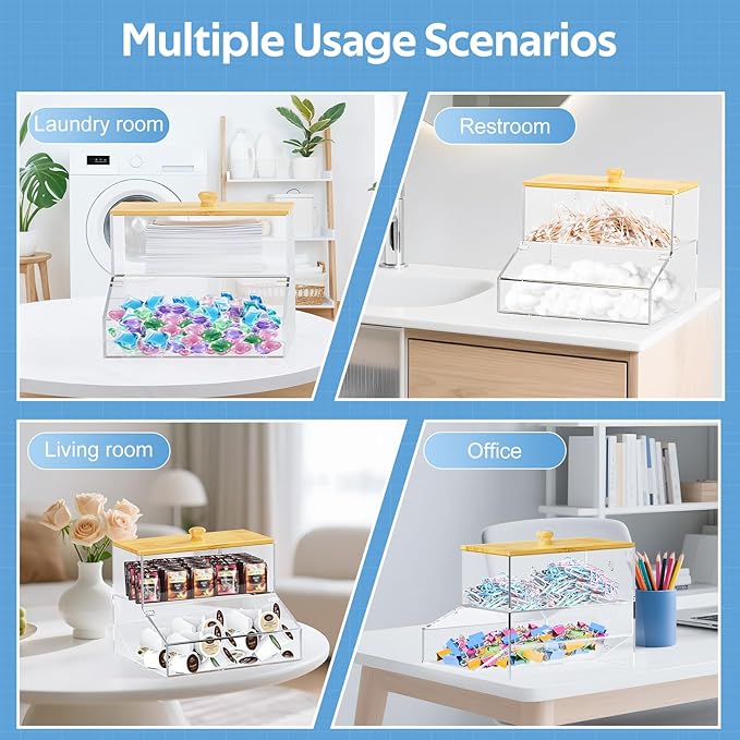 JYPS 2-in-1 Laundry Organizer with Large Capacity: Double-Layer Transparent Acrylic Storage Box with Bamboo Lid for Pods, Dryer Sheets & Supplies