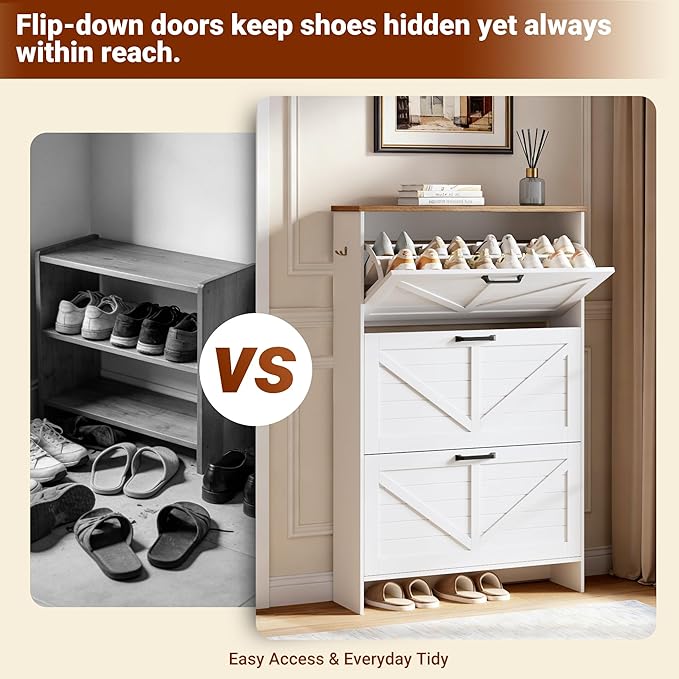 Nicetree Shaker Barn Door Shoe Storage Cabinet for Entryway, 3 Flip Drawers & 3-Tier Adjustable Shelves, Ultra Slim Freestanding, Modern Rustic Brushed White Farmhouse Shoe Rack for Hallway, Foyer