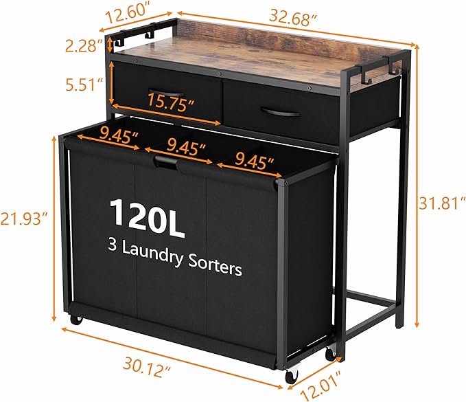 Laundry Hamper Laundry Basket with 3 Section Pull-Out Rolling Bags, Laundry Sorter for Organization and Storage with 2 Pull-Out Drawers for Laundry Room, Bathroom, Bedroom Use (Rustic Brown)