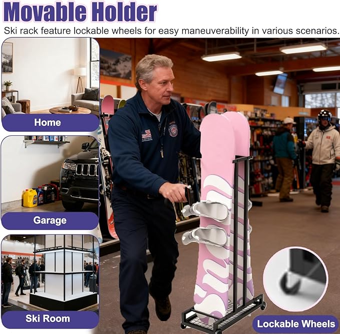 1 2 3 4 5 6 8 9 10 Pair Ski Storage Rack for Organize, Indoor Ski Board Stand for Garage/Basement/Shed, Floor Standing Longboard Carrier Wheels(Holds 16 pcs(8 Pair))