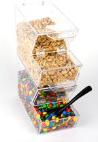 Candy Bin Topping Dispenser - Acrylic Bulk Sprinkle Container w/Scoop, Stackable & Magnetic for Multiple Holders on Shelf - Commercial Setting for Cereal, Nuts, Candies & Snack Food Storage
