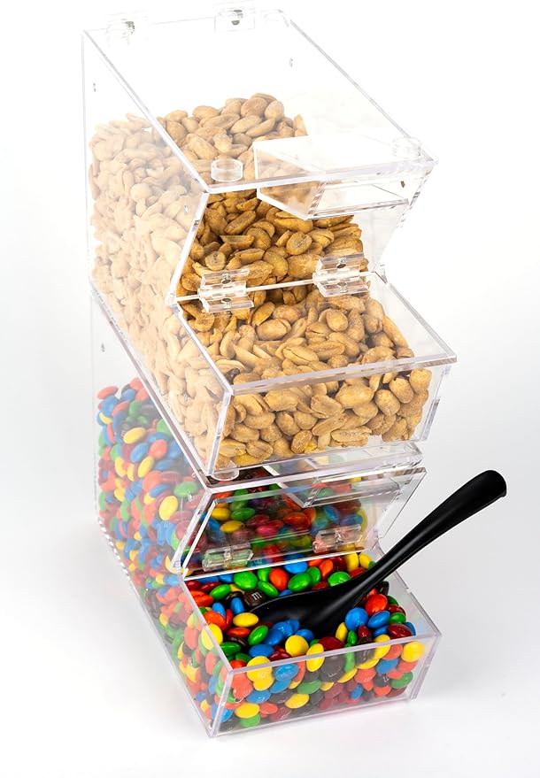 Candy Bin Topping Dispenser - Acrylic Bulk Sprinkle Container w/Scoop, Stackable & Magnetic for Multiple Holders on Shelf - Commercial Setting for Cereal, Nuts, Candies & Snack Food Storage
