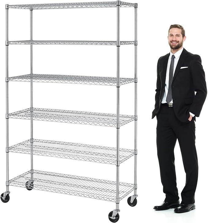 Heavy Duty 6 Tier Shelving Unit Adjustable 6000Lbs Capacity Steel Storage Rack 18" x 48 x 76 Mobile Shelves Wire Shelf Silver Rolling Utility Cart for Pantry Garage Kitchen, Chrome