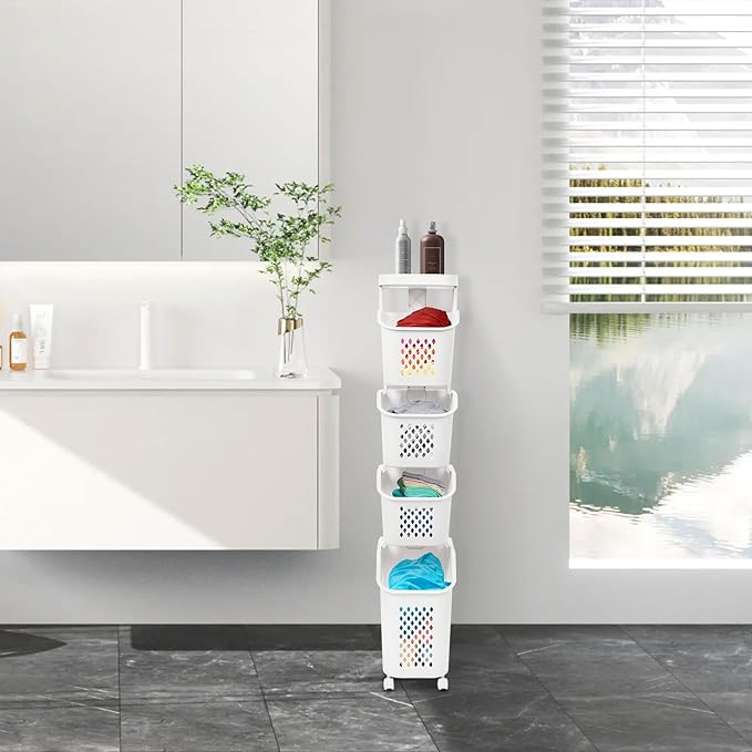 4-Tier Rolling Laundry Cart with Wheels, 52'' Stackable Vertical Laundry Sorter & Organizer for Bathroom, Bedroom, and Laundry Room (4-Tier)