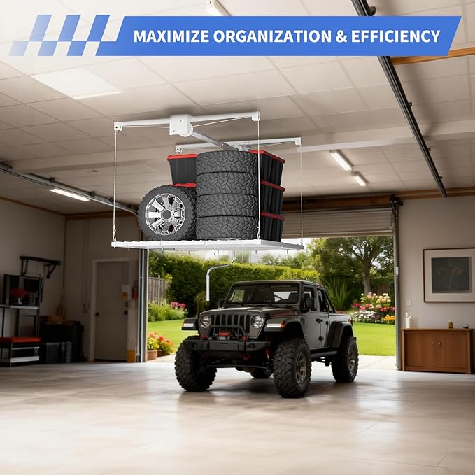 Ceiling Storage Rack, Overhead Garage Lifting Storage Rack, 4x4 ft Carbon Steel, Manual Hand Crank Only, Adjustable Height, 350 lbs Capacity for Garages, Basements, Workshops