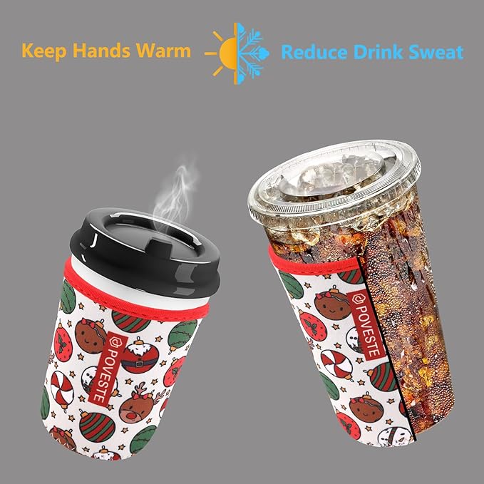 Reusable Neoprene Insulator Sleeve for Iced Coffee & Cold Soda, Coffee Sleeves for Iced & Hot Drinks, Cold Beverage Cooler Compatible with Starbucks, Dunkin (Chrsitmas Party, Small: 16-18oz)