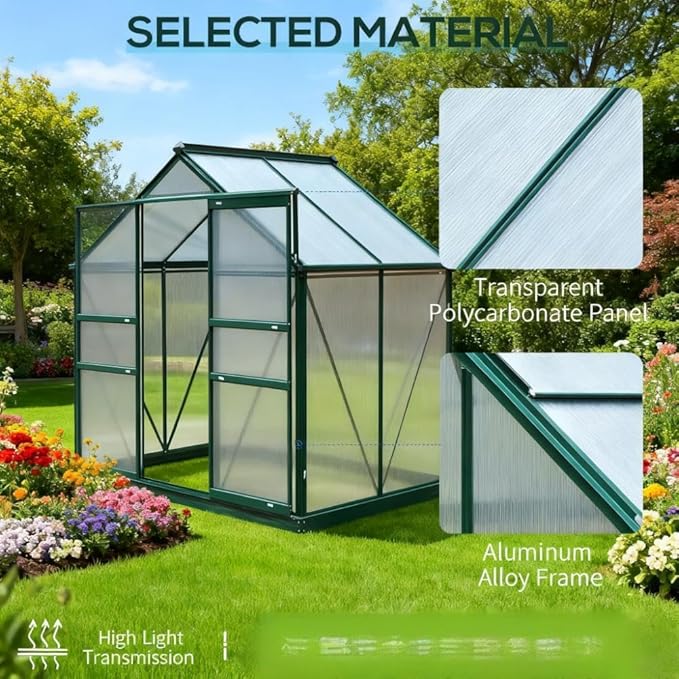Aluminum Greenhouse with Polycarbonate Panels, Walk-in Garden Greenhouse for Outdoor Plant Growing, Durable Structure for Year-Round Gardening (Multi + Particle Board+MDF)