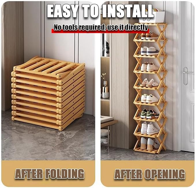 The 9-Tier No-Assembly Bamboo Rack, 2-9 Tier Folding Shoe Storage Rack, Space-Saving Organizer for Shoes, No Assembly Narrow Shoe Shelf for Entryway Closet Dorm (Natural, 8 Tier)