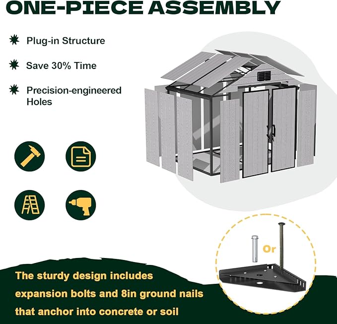 8 x 6 FT Plastic Outdoor Storage Shed, All-Weather Resin Garden Shed with Floor, Lockable Doors & Windows, Plastic Tool Shed for Patio，Poolside, Backyard