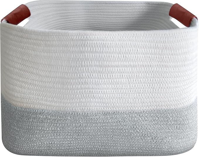 Small Cotton Rope Storage Basket with Leather Handles, 15 "L x 11.5" W x 7.5 "H, Home Decor Basket, Durable & Stylish Organizer for Home.(Small Light Gray)