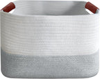 Small Cotton Rope Storage Basket with Leather Handles, 15 "L x 11.5" W x 7.5 "H, Home Decor Basket, Durable & Stylish Organizer for Home.(Small Light Gray)