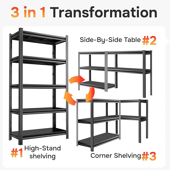 72"Hx39.4"W Metal Garage Shelving Unit, 5-Tier 72"H x 39.4"W x 15.7"D Heavy Duty Storage Shelves, Adjustable, Rust-Resistant Utility Rack for Kitchen, Pantry, Basement, Easy to Assemble,Black