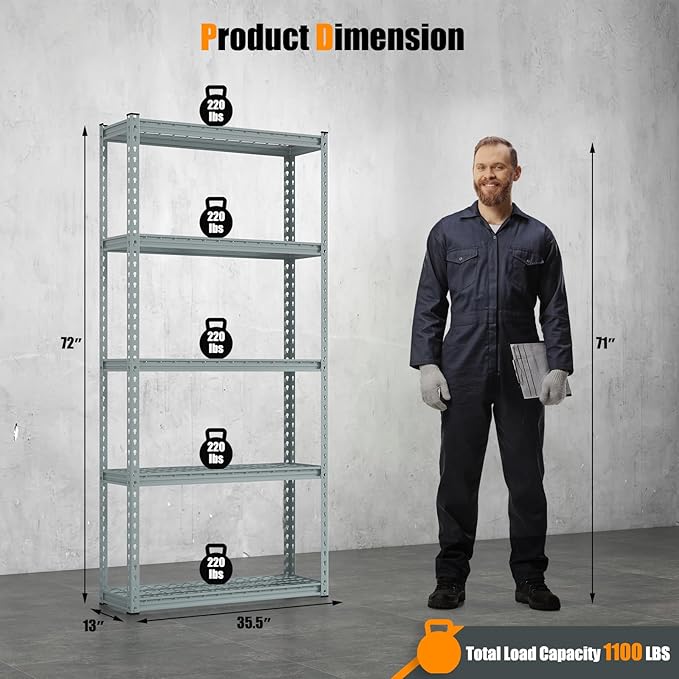 Giantex 5-Tier Storage Shelves Set of 3, Height Adjustable Metal Storage Utility Rack Shelf with Anti-Tipping Device, Heavy Duty Garage Shelving for Warehouse, Basement, 35.5" x 12" x 72", Grey