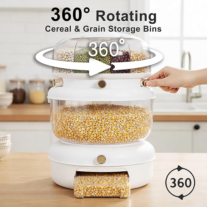 2 Layer Grain Dispenser with Press Button, 6 Compartment Rotating Dry Food Storage with Large Capacity Rice Container, Multi Grain Organizer for Beans, Cereal, Pantry Kitchen Storage