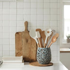 Farmhouse Kitchen Utensil Holder for Kitchen Counter, Ceramic Large Cooking Utensil Crock with Cork Mat, Countertop Cooking Tool Spatula Organizer, Antique Grayish Blue