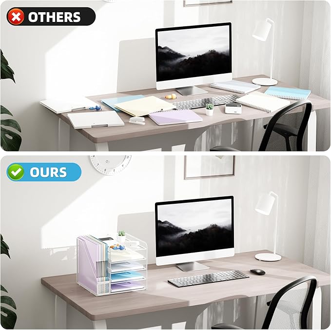 Marbrasse Desk Organizers and Accessories, 5-Tier Paper Letter Tray Organizer with File Holder, Mesh File Organizer, Office Desk Accessories & Organization for Supplies (White)