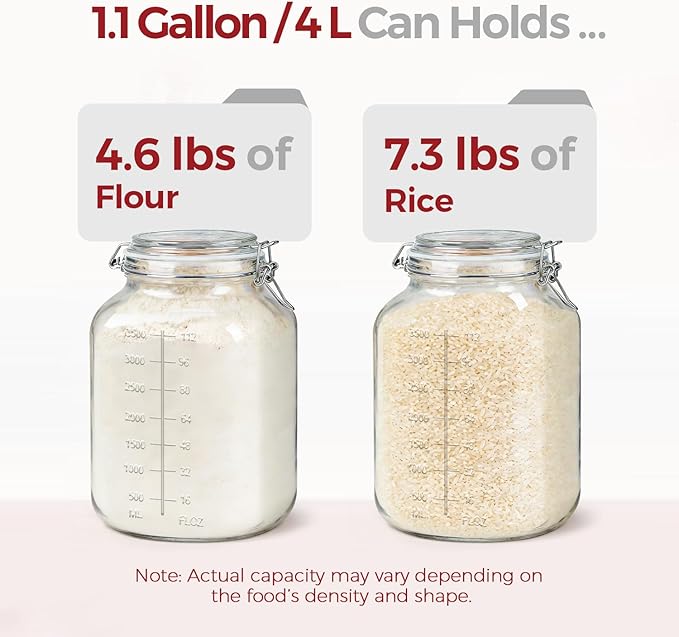 1.1 Gallon Wide Mouth Glass Canisters with Airtight Lids & Measurement Marks (2-Pack) – Includes 2 Measuring Scoops & Labels, Food Storage Jars for Flour, Sugar & Baking Supplies | BPA-Free