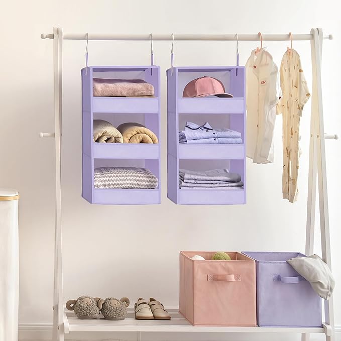 GRANNY SAYS 3 Shelf Hanging Closet Organizers and Storage, Collapsible Closet Storage Organizer with 2 Metal Hooks, Leak-Proof Hanging Shelves for Closet, Dorm Room, Nursery, 2 Pack, Purple