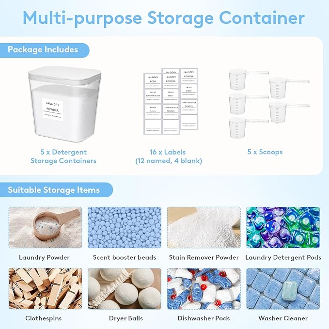 Lifewit Laundry Pods Container with Pop-up Lid, Laundry Room Organization, Dryer Sheet Holder for Washing Powder Scent Booster Beads, 2700 ml/0.72gal,5 Pcs