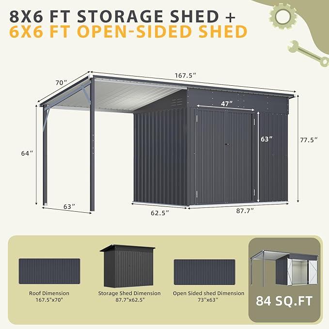 AECOJOY 14x6 Outdoor Open-Sided Metal Storage Shed, 8' x 6' Sheds & Outdoor Storage with 48 Sq. Ft Covered, 6x8 Small 2-in-1 Tool Shed with Attached Hardtop Metal Pergola Gazebo for Patio
