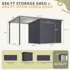 AECOJOY 14x6 Outdoor Open-Sided Metal Storage Shed, 8' x 6' Sheds & Outdoor Storage with 48 Sq. Ft Covered, 6x8 Small 2-in-1 Tool Shed with Attached Hardtop Metal Pergola Gazebo for Patio