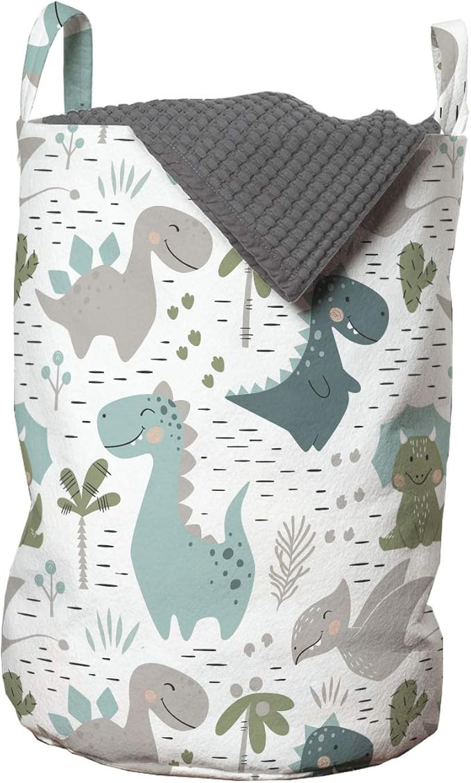 Ambesonne Cartoon Laundry Bag, Smiling Dinosaurs with Palm and Cactus, Hamper Basket with Handles Drawstring Closure for Laundromats, 13" x 19", White Seafoam