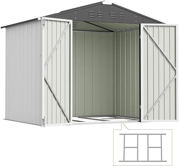 Devoko 8 x 6 FT Metal Storage Shed with Floor Frame Waterproof Garden Tool Shed with Lockable Door, Outdoor Shed Storage House for Backyard Patio Lawn, White