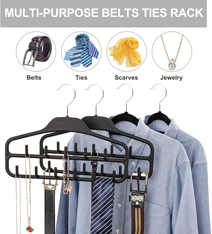 FairyHaus Belt Hanger Organizer 2 Pack, Non Slip Tie Rack Holder, Durable Hanging Closet Accessory Hooks for Belts, Ties, Jewelry, Scarves, Black