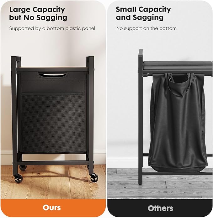 NEWBULIG Laundry Hamper with Removable Pull-Out Bag, Freestanding Clothes Basket Organizer with Wheels for Bathroom & Bedroom, 1 x 18.3 Gallon (69L) - Rustic Brown & Black