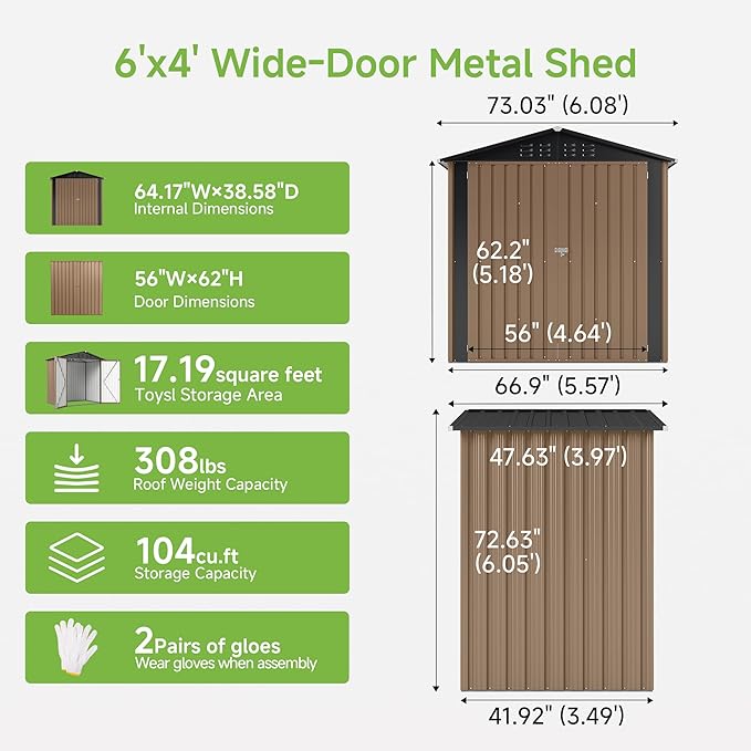Real Relax 6x4 FT Metal Storage Shed, Outdoor Shed with Reinforced Frame & Heavy Wind/Snow Resistance, Secure Lock, for Backyard/Garden, Stores Tools & Materials, Brown