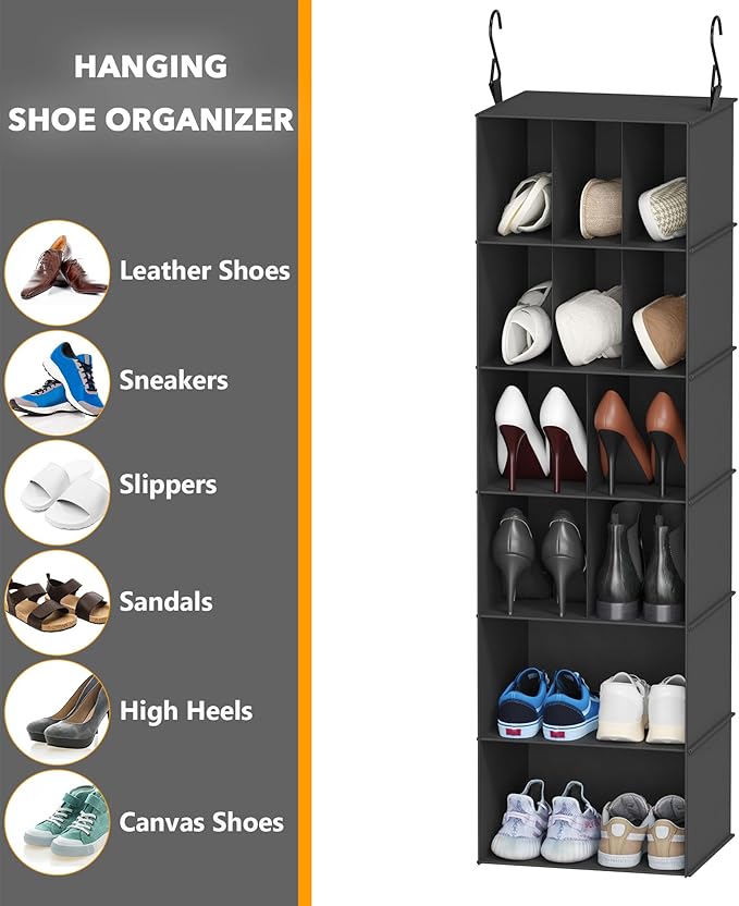 SpaceAid 2 Pack Hanging Closet Organizer and Storage with Dividers, 24 Compartments Hanging Shoe Shelves for Closet, Wardrobe, RV, Garment Rack - Black