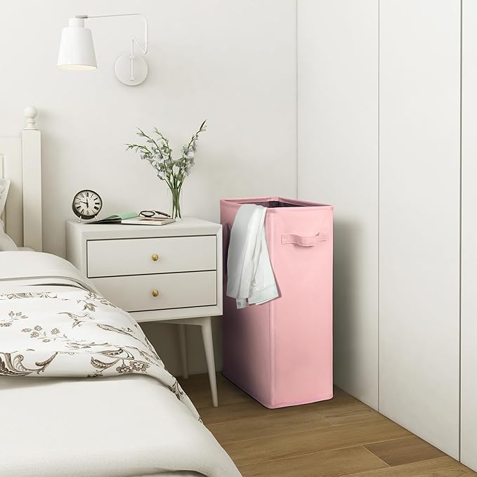 Chrislley 45L Slim Laundry Hamper Narrow Laundry Basket with Handle Foldable Dirty Clothes Portable Skinny Hamper Organizer Storage Bins (22 inches, pink)