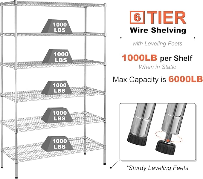 Heavy Duty 6 Tier Shelving Unit Adjustable 6000Lbs Capacity Steel Storage Rack 18" x 48 x 76 Mobile Shelves Wire Shelf Silver Rolling Utility Cart for Pantry Garage Kitchen, Chrome