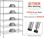 Heavy Duty 6 Tier Shelving Unit Adjustable 6000Lbs Capacity Steel Storage Rack 18" x 48 x 76 Mobile Shelves Wire Shelf Silver Rolling Utility Cart for Pantry Garage Kitchen, Chrome