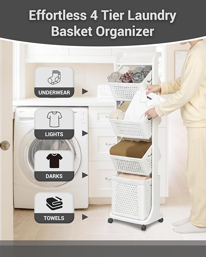 4 Tier Laundry Basket Organizer, 92L Vertical Laundry Hamper, Removable Rolling Sorter Baskets With Wheels for Small Space, Dorm, Bathroom, Bedroom
