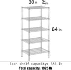 21" Deep x 30" Wide x 64" Height Wire Shelving Kit | 5-Tier | NSF Commercial Storage Rack Unit