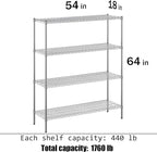 18" Deep x 54" Wide x 64" Height Wire Shelving Kit | 4-Tier | NSF Commercial Storage Rack Unit