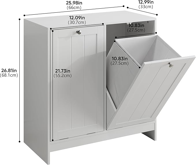 Two-Compartment Tilt-Out Laundry Sorter Cabinet,Bathroom Storage Organize Cabinet with 2 Removable Hamper Clothes Basket (White-B)