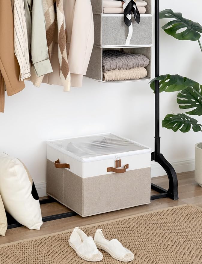 StorageWorks Shoe Organizer for Closet, Fits up to 16 Pairs, Shoe Cubby Storage Containers with Adjustable Dividers and Clear Cover, Brown & White