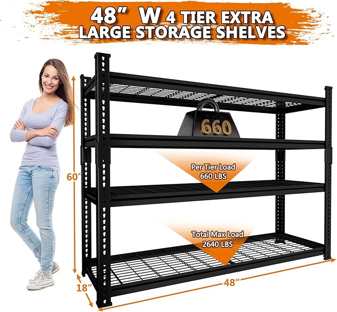 Storage Shelves Heavy Duty 4 PCS, 48"L x 18"W x 60"H Garage Wire Shelving Unit Loads 2640LBS, 4-tier Adjustable Metal Industrial Utility Shelf Rack for Kitchen, Laundry, Pantry, Warehouse, Basement