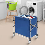 Commercial Laundry Cart with Wheels,Folding Laundry Hamper Cart,Heavy Duty Rolling Basket with Large Capacity,Sorter Trolley for Home Hotel Apartment (Blue, 34.25 * 19.7 * 36.22in)
