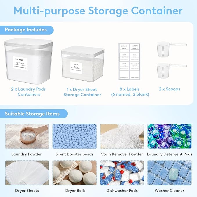 Lifewit Laundry Pods Container with Pop-up Lid, Laundry Room Organization, Dryer Sheet Holder for Washing Powder Scent Booster Beads, 2700 +2000ml/0.72+0.5gal,3 Pcs