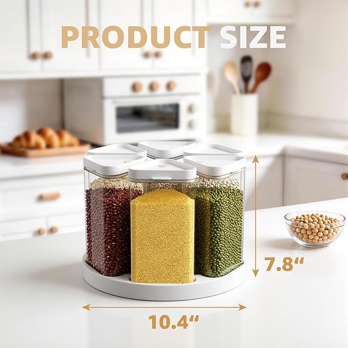 6-Grid Rotating Grain Storage Bins & Pantry Food Organizer, Dry Food Canister Set for Cereal, Grain, Snacks, Coffee Beans, Kitchen Countertop Storage