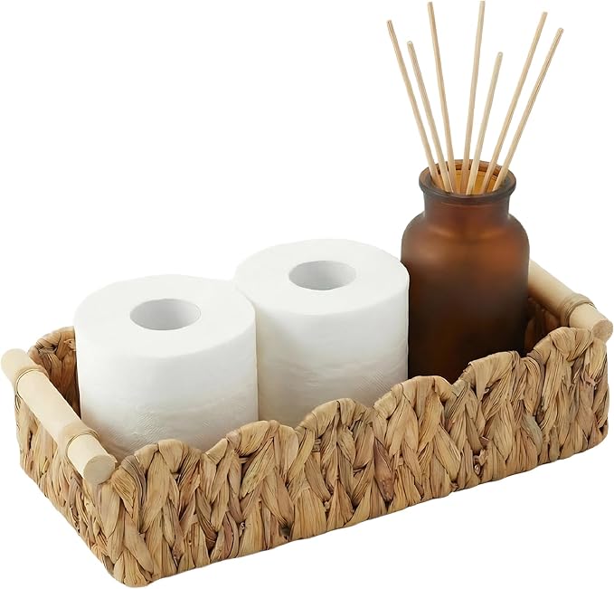 Scalloped Edge Wicker Basket with Wooden Handles, Water Hyacinth Bathroom Counter Organizer for Vanity, Shelves & Coffee Table, Decorative Storage – 14" x 6.3" x 3.9"