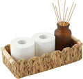 Scalloped Edge Wicker Basket with Wooden Handles, Water Hyacinth Bathroom Counter Organizer for Vanity, Shelves & Coffee Table, Decorative Storage – 14" x 6.3" x 3.9"