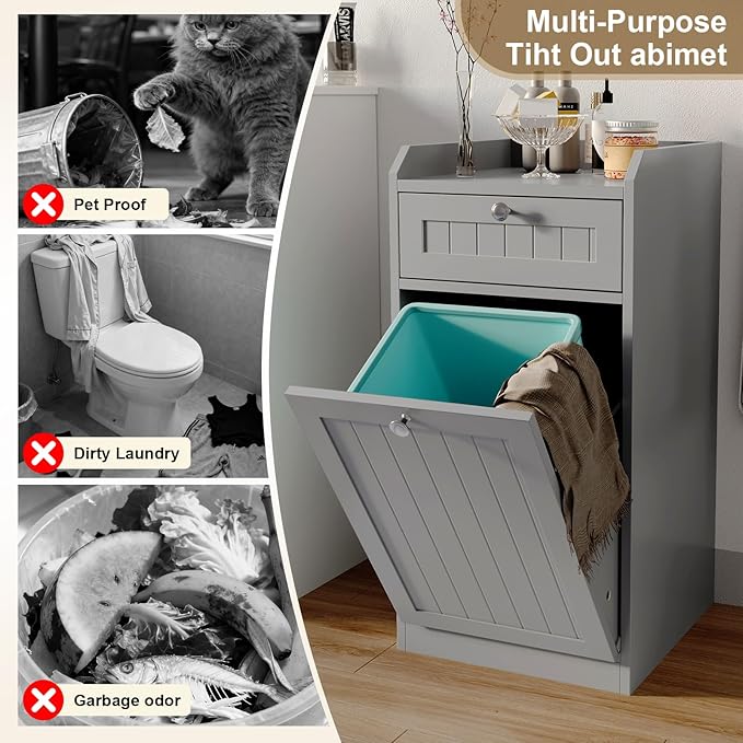 Single Tilt Out Trash Can Cabinet, Dog-Resistant, Fits 13.8"H Bins (Max 11.8"x11.8" Base), Easy Assembly, Grey for Kitchen & Laundry
