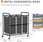 ROMOON Laundry Sorter Hamper 3 Section, Divided Laundry Basket Organizer with Heavy Duty Lockable Wheels and Removable Bags, Rolling Clothes Hamper for Apartment, Dorm & Family (130L Modern Black)